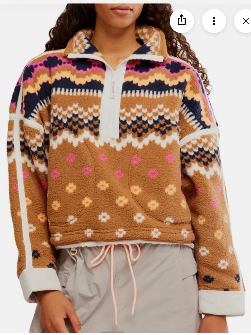 FP Movement by Free People Patterned Sherpa Half-Zip Pullover - Tan, Pink & Navy